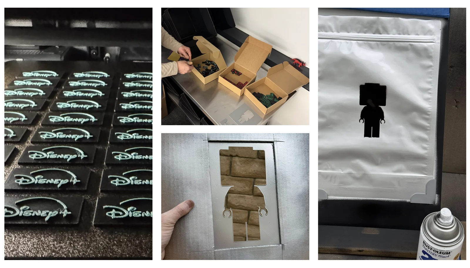 Disney+ badges, blind-bag packaging, and masking jigs